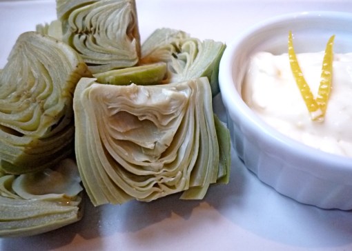 Steamed baby artichokes with Lemon-Garlic Dip